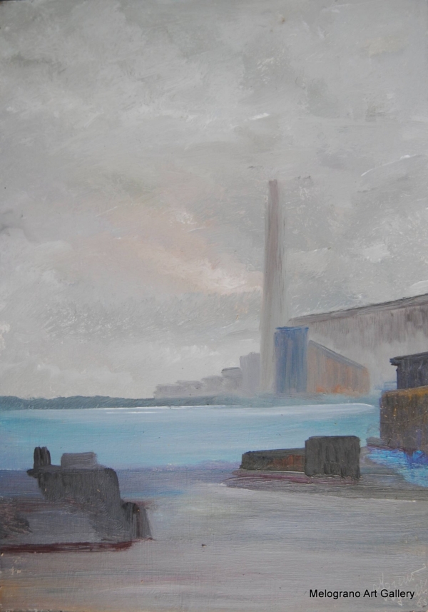 Porto nella nebbia dipinto da Moreno Morelli, pittura simbolista ed espressionista in toni di grigio