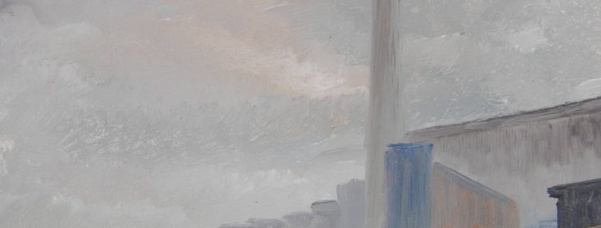Porto nella nebbia dipinto da Moreno Morelli, pittura simbolista ed espressionista in toni di grigio