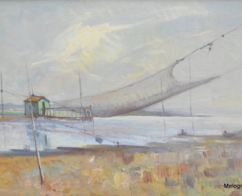 Retone da pesca fiume Otto Valori pittura romantica macchiaiolo paesaggio fluviale natura pesca