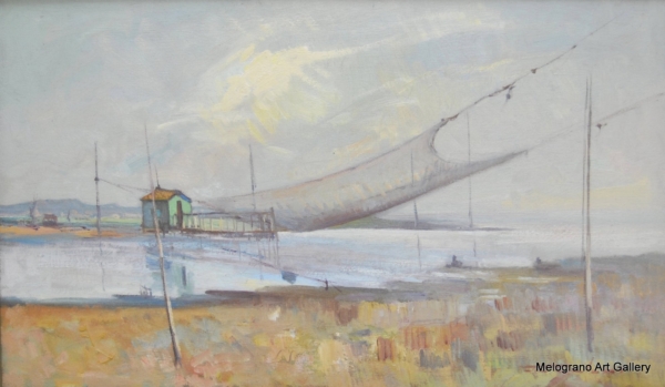 Retone da pesca fiume Otto Valori pittura romantica macchiaiolo paesaggio fluviale natura pesca