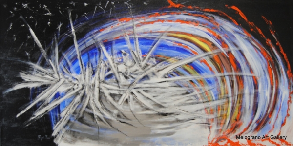 Alfa Music Mind di Paola Caporilli, astratto con blu e rosso e fioriture che sembrano cristallizzate.