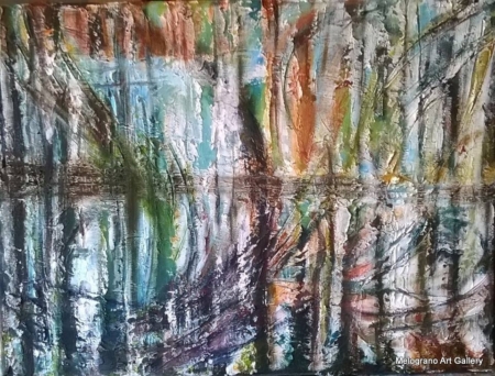 Arbusti di Paola Caporilli, intreccio astratto di forme nei toni verde bosco e marrone.