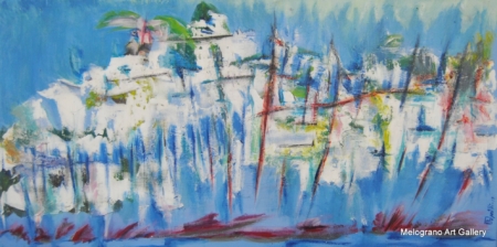 Borgo di Paola Caporilli, paesaggio con case bianche e tetti rossi sotto cielo azzurro, dipinto con segni rapidi e colori essenziali.