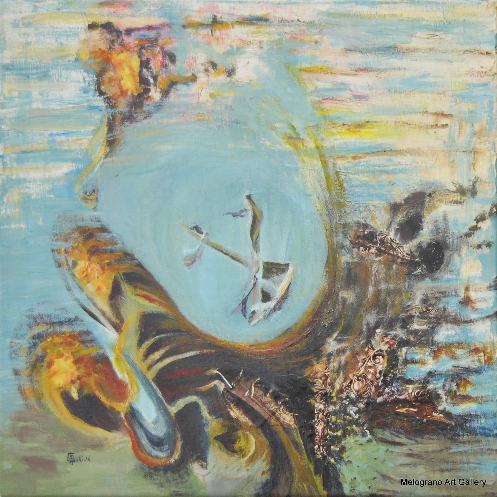 Come una vela al vento di Paola Caporilli, forme astratte turchesi che fluttuano leggere come una vela.