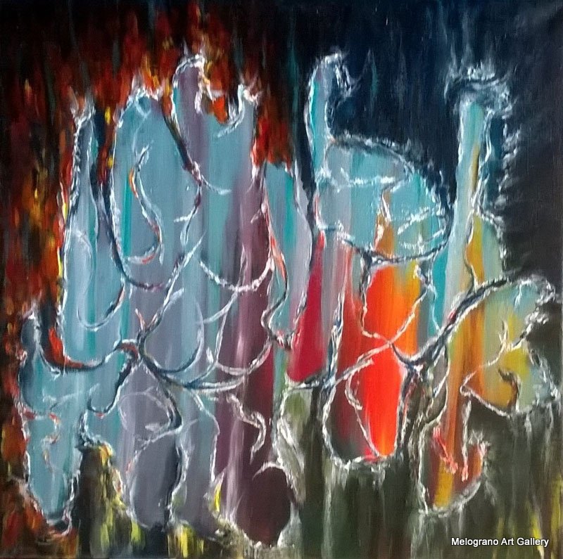 Fuochi fatui di Paola Caporilli, campi di colore astratti con toni caldi e bagliori luminosi