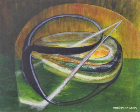 La Luce nel Petto di Paola Caporilli, vortice astratto con toni caldi terrosi e segni scuri, luce centrale irradiata.