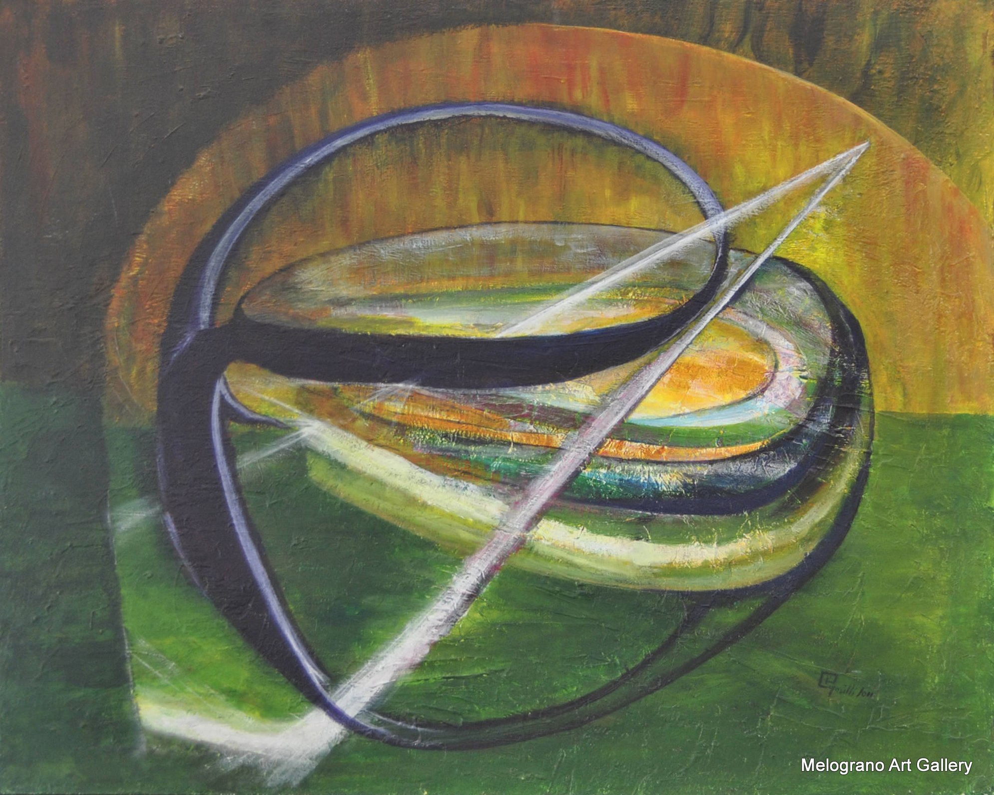 La Luce nel Petto di Paola Caporilli, vortice astratto con toni caldi terrosi e segni scuri, luce centrale irradiata.