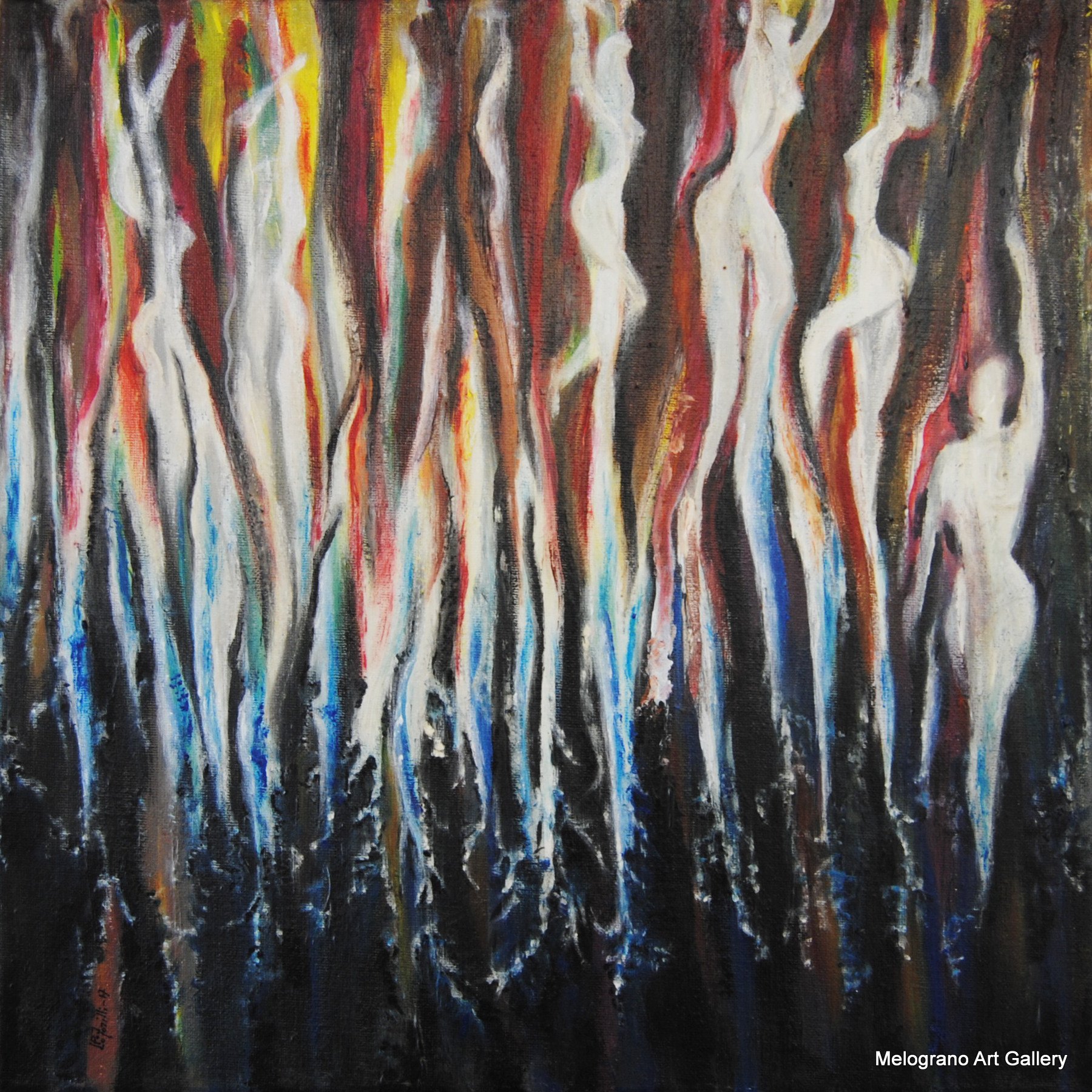 Opera Le Fate di Paola Caporilli, figure femminili allungate tra filamenti colorati, radici verdi e fiammelle rosse su tela