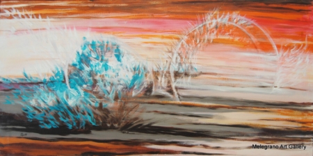 Migrazione di Paola Caporilli, astratto con terra, orizzonte infuocato e segni simbolici che si rincorrono.