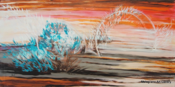 Migrazione di Paola Caporilli, astratto con terra, orizzonte infuocato e segni simbolici che si rincorrono.