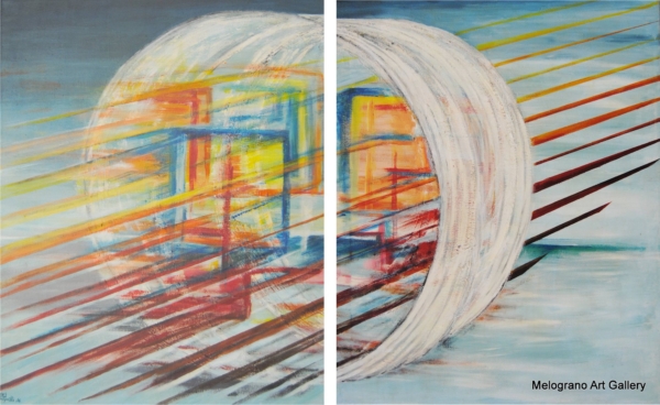 My Coloured Gate di Paola Caporilli, dittico astratto con forme geometriche e linee rette colorate che creano un tunnel visivo