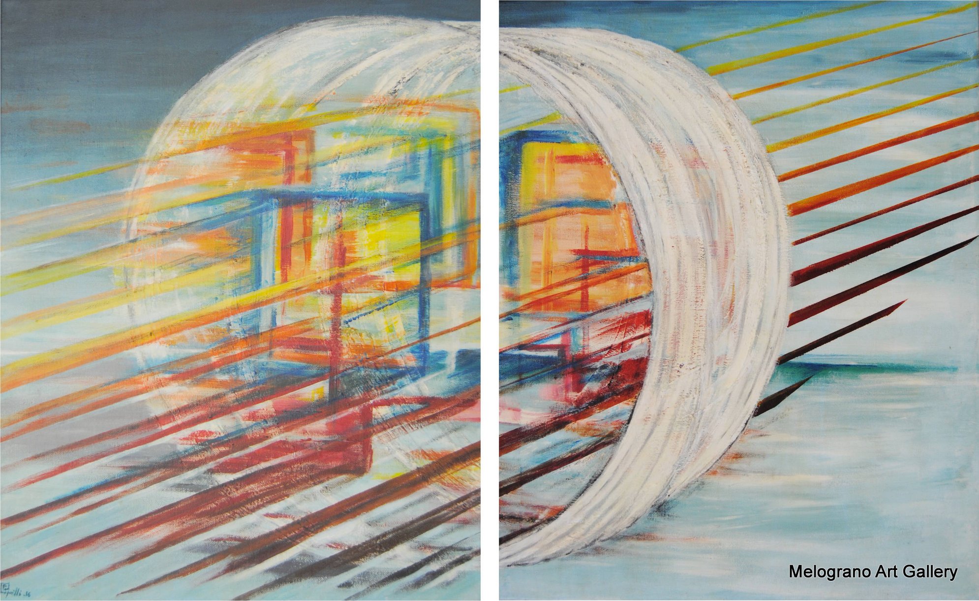 My Coloured Gate di Paola Caporilli, dittico astratto con forme geometriche e linee rette colorate che creano un tunnel visivo