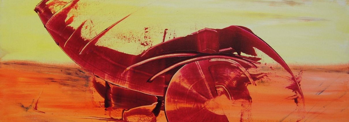 Opera astratta di Paola Caporilli della serie Eco, figura su fondo giallo con grande cerchio centrale interpretabile come simbolo o forma organica.