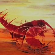 Opera astratta di Paola Caporilli della serie Eco, figura su fondo giallo con grande cerchio centrale interpretabile come simbolo o forma organica.