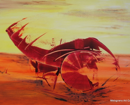 Opera astratta di Paola Caporilli della serie Eco, figura su fondo giallo con grande cerchio centrale interpretabile come simbolo o forma organica.