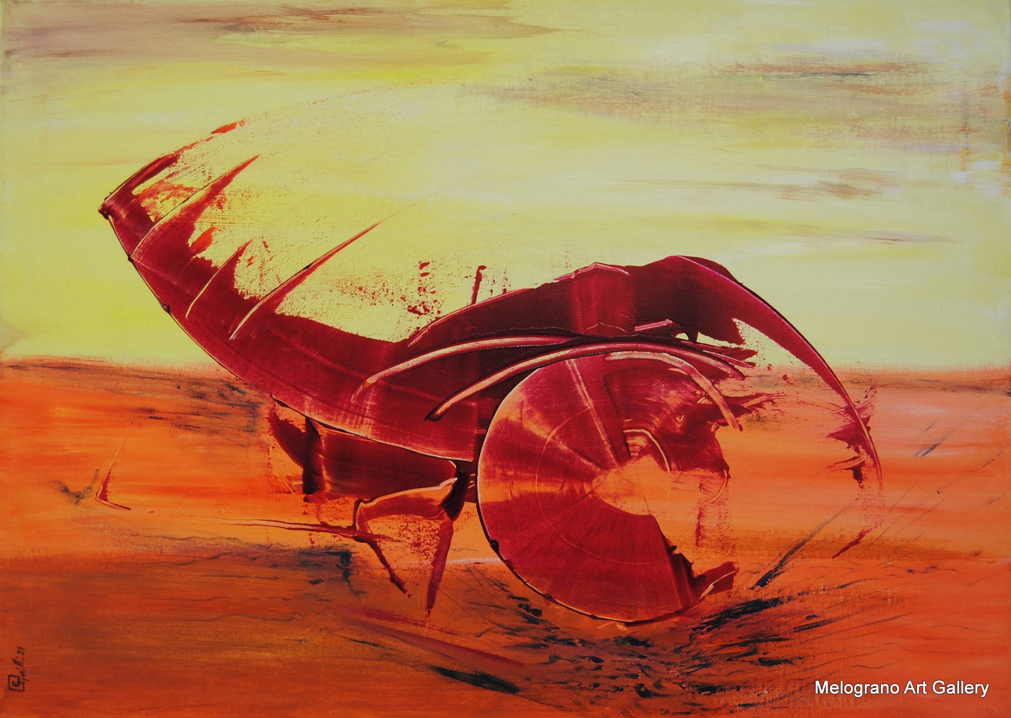 Opera astratta di Paola Caporilli della serie Eco, figura su fondo giallo con grande cerchio centrale interpretabile come simbolo o forma organica.