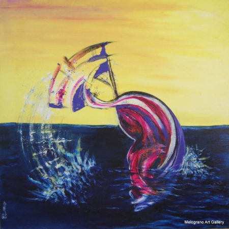 “Eco 3 di Paola Caporilli, forma astratta blu su fondo giallo che si avvita come una caravella o un pesce in immersione.”