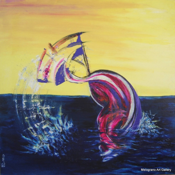 “Eco 3 di Paola Caporilli, forma astratta blu su fondo giallo che si avvita come una caravella o un pesce in immersione.”