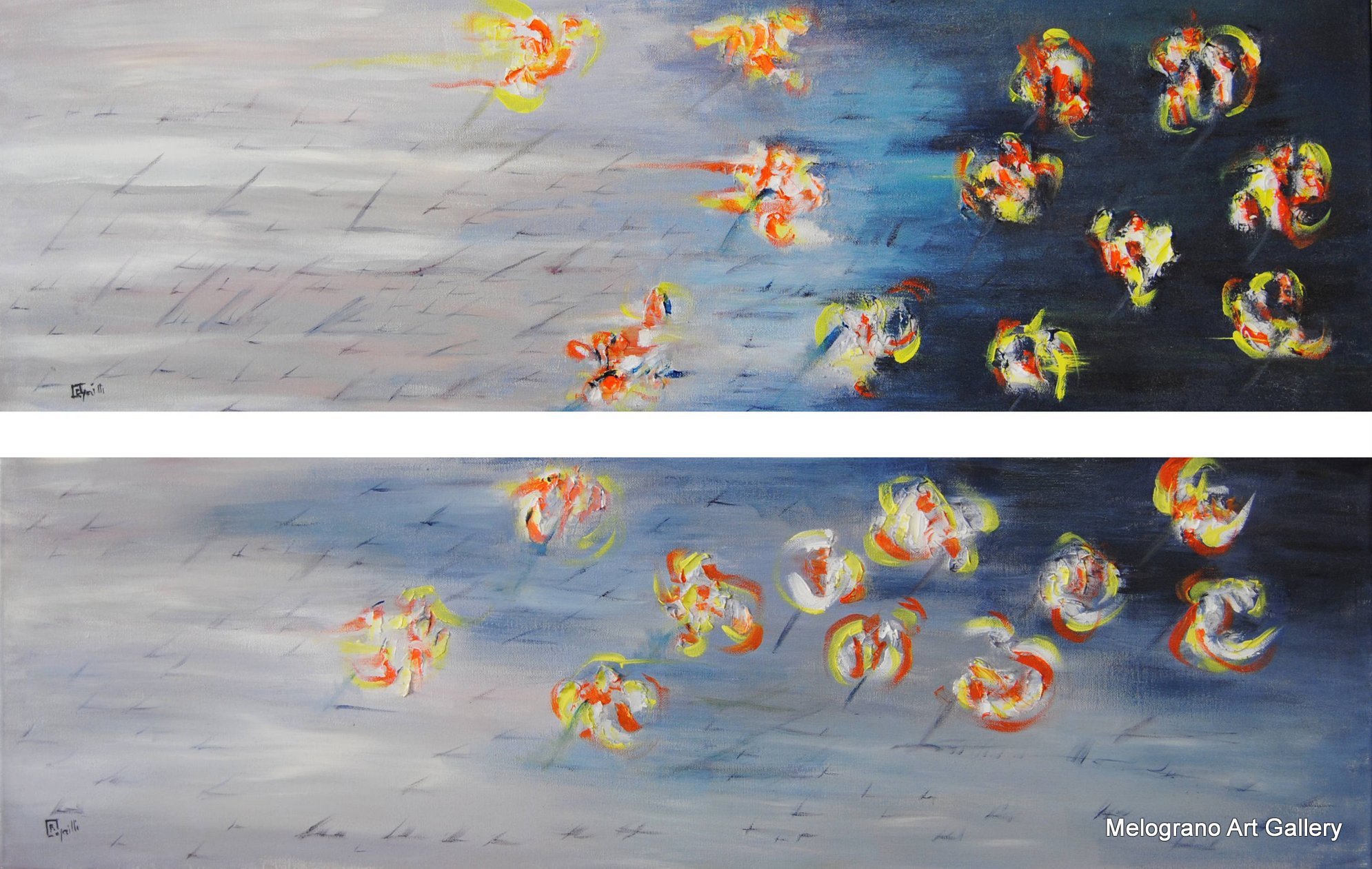 Serie Eco 4 di Paola Caporilli, dittico astratto con fiori blu che salgono verso la luce su fondo sfumato e luminoso.