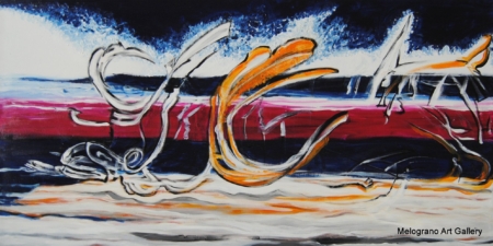 Slow Dance di Paola Caporilli, astratto con bande colorate attraversate da simboli e segni vari.