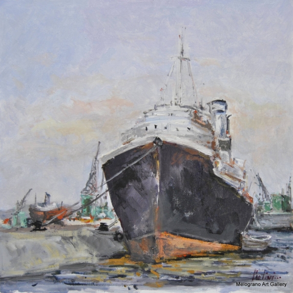 Dipinto con navi in porto di Paolo Paolini, paesaggio marino con la presenza dell’acqua.