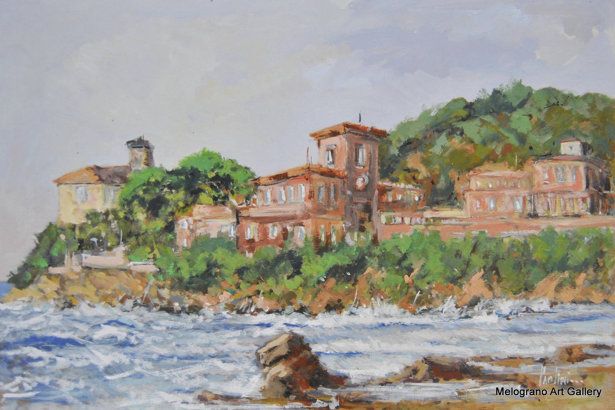 Dipinto del lungomare di Livorno di Paolo Paolini, veduta marina poetica.