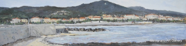 Dipinto del lungomare di Livorno di Paolo Paolini, veduta marina poetica.