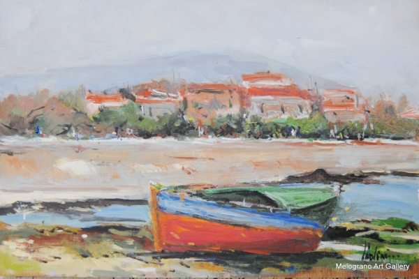 Dipinto con vecchie barche in legno a riva di Paolo Paolini, scena marina poetica.