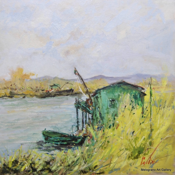 Dipinto del capanno di pescatori di Paolo Paolini, paesaggio marino livornese.
