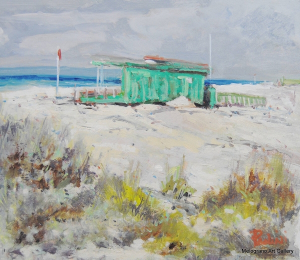 Dipinto del capanno di pescatori di Paolo Paolini, paesaggio marino livornese.