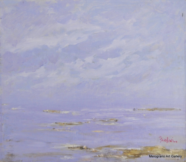 Dipinto di mare con onde di Paolo Paolini, paesaggio marino essenziale e poetico.