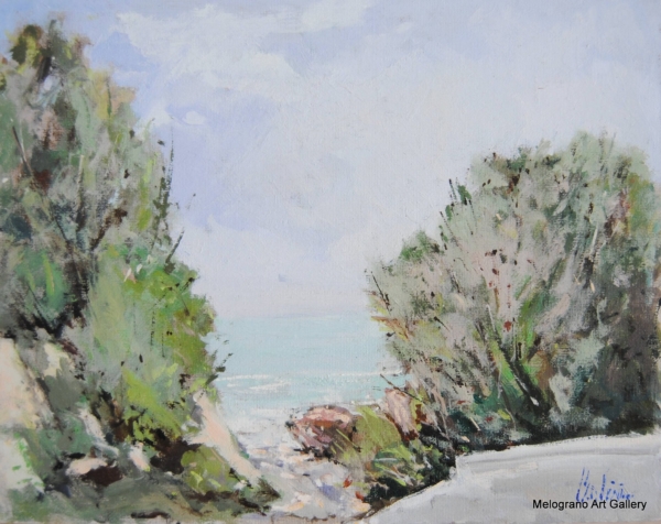 Dipinto di spiaggia di Paolo Paolini, paesaggio marino luminoso.