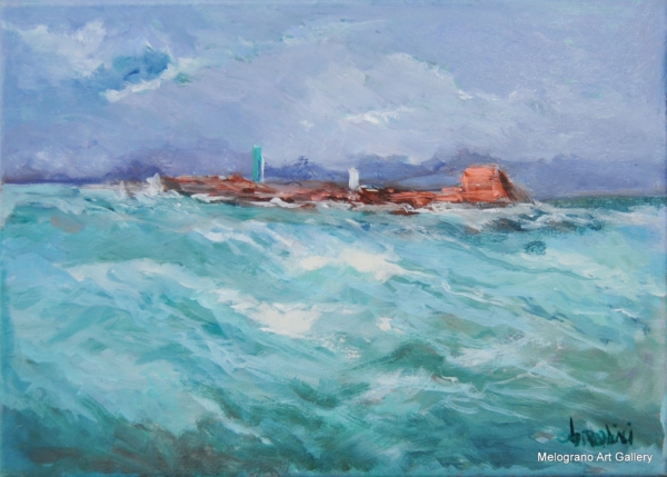 Dipinto del porto di Livorno di Paolo Paolini, mare e strutture portuali.