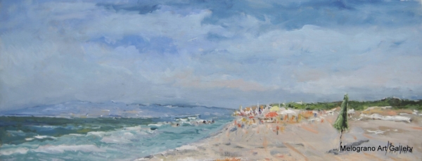 Dipinto del lungomare di SAn Vincenzo con la spiaggia di Paolo Paolini, veduta marina poetica.