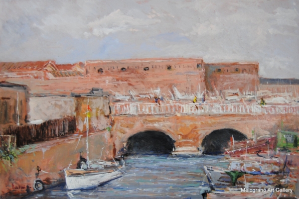 Dipinto con veduta de porto di Livorno di Paolo Paolini, paesaggio urbano poetico.