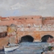 Dipinto con veduta de porto di Livorno di Paolo Paolini, paesaggio urbano poetico.