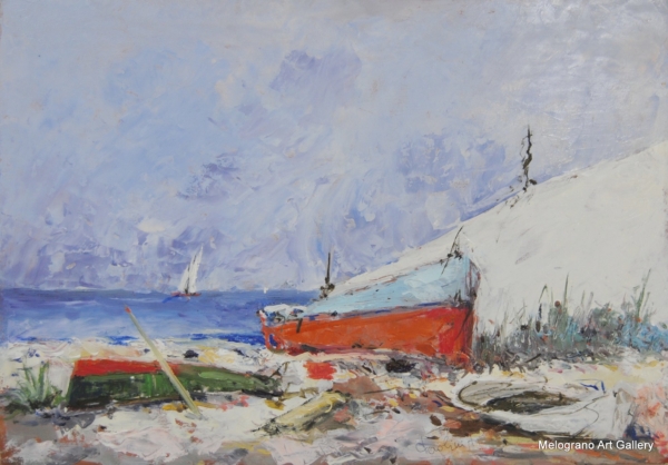 Dipinto con vecchie barche in legno a riva di Paolo Paolini, scena marina poetica.