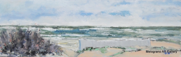 Dipinto del lungomare di Livorno di Paolo Paolini, veduta marina poetica.