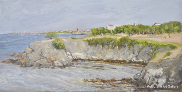 Dipinto del lungomare di Livorno di Paolo Paolini, veduta marina poetica