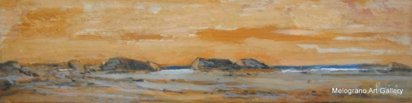 Dipinto di mare con scogli al tramonto rosato di Paolo Paolini, paesaggio marino essenziale e poetico.