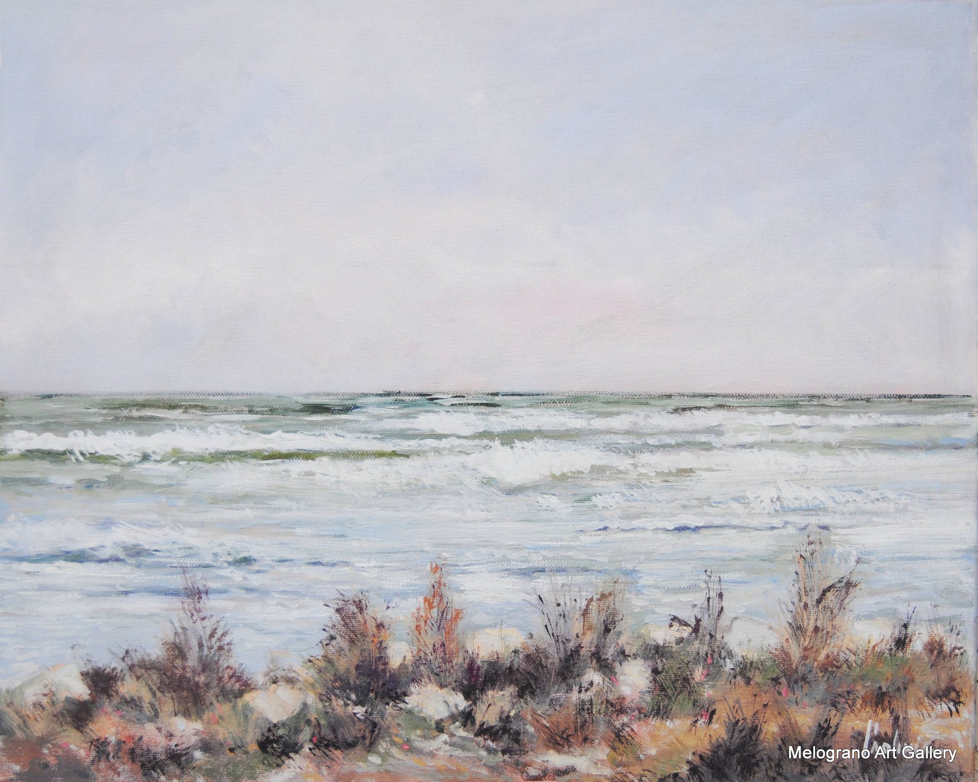 Dipinto con mare e scogli di Paolo Paolini, paesaggio marino poetico.