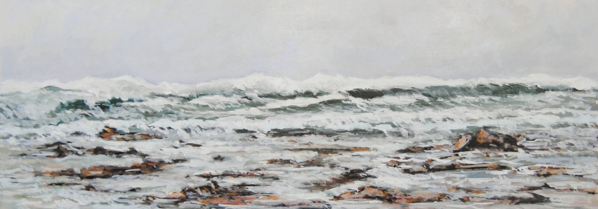 Dipinto di mare con onde di Paolo Paolini, paesaggio marino essenziale e poetico.