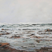 Dipinto di mare con onde di Paolo Paolini, paesaggio marino essenziale e poetico.