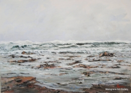 Dipinto di mare con onde di Paolo Paolini, paesaggio marino essenziale e poetico.