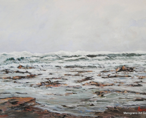 Dipinto di mare con onde di Paolo Paolini, paesaggio marino essenziale e poetico.