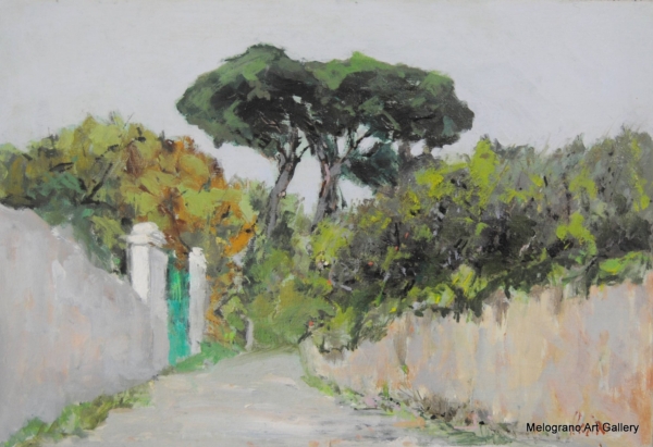 Dipinto con veduta cittadina di Livorno di Paolo Paolini, paesaggio urbano poetico.