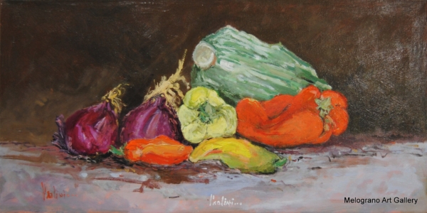 Dipinto con peperoni e verdura di Paolo Paolini, natura morta luminosa e realistica.