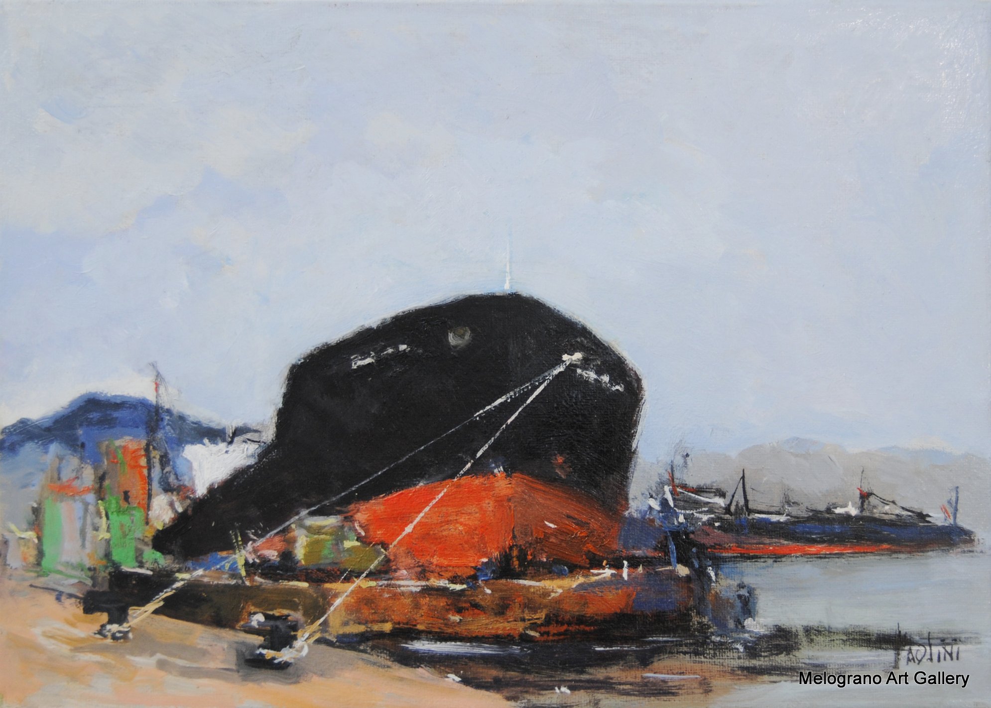 Dipinto con vecchi rimorchiatori di Paolo Paolini, scena portuale livornese.