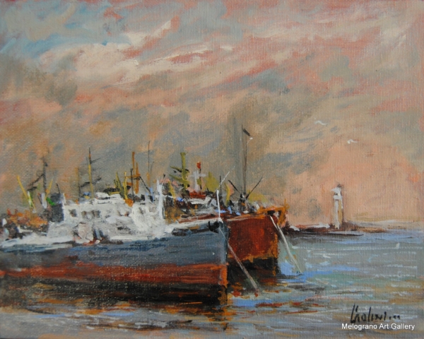 Dipinto con navi in porto di Paolo Paolini, paesaggio marino con la presenza dell’acqua nei cantieri di Livorno