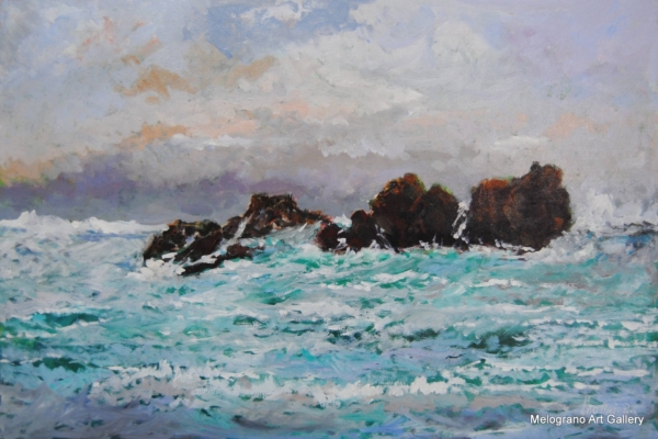 Dipinto con mare e scogli di Paolo Paolini, paesaggio marino poetico.